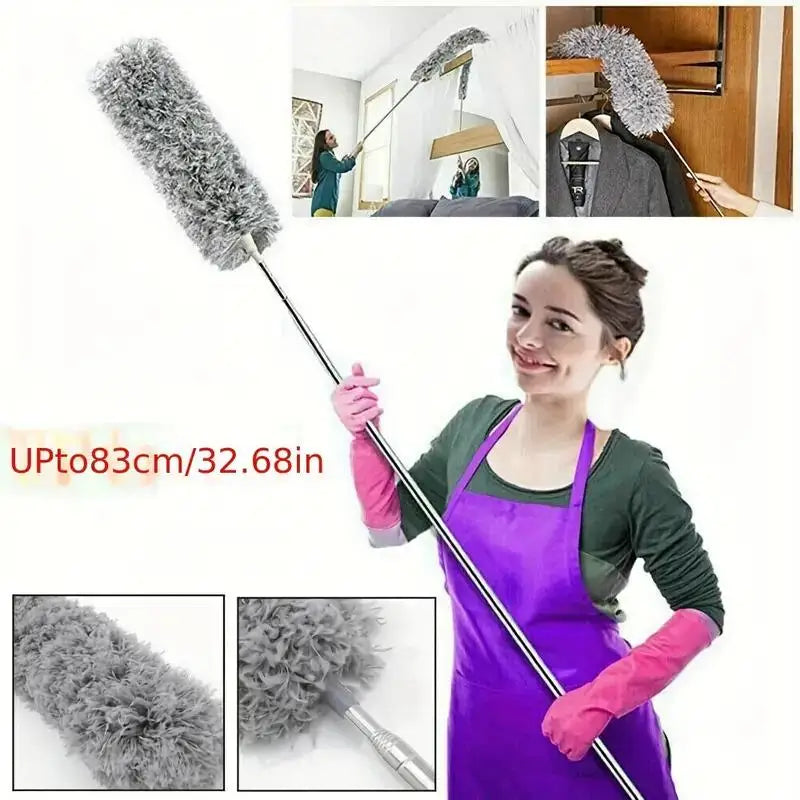 47" Extendable Microfiber Duster Pole - Bendable Stainless Steel Brush for Ceiling/Furniture/Car, Washable & No Power Needed.