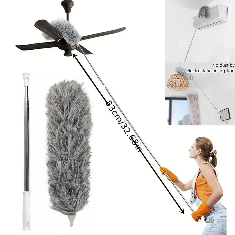 47" Extendable Microfiber Duster Pole - Bendable Stainless Steel Brush for Ceiling/Furniture/Car, Washable & No Power Needed.